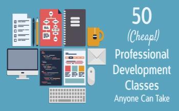 Collage of book covers with '50 Cheap Professional Development Courses' text on blue background.