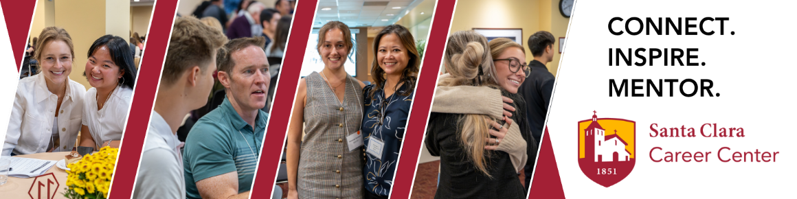 Banner depicting mentors and mentees in the 2024-2025 program.  Text reads: Connect. Inspire. Mentor.  Include Santa Clara Career Center logo and illustrated image of the Santa Clara Mission Church.