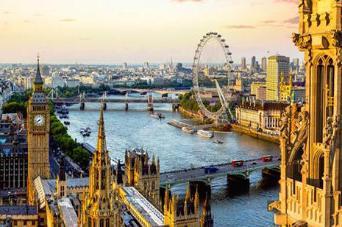 Aerial view of London with the River Thames, bridges, and the London Eye.