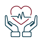 Outline of hands holding a heart with an EKG line.