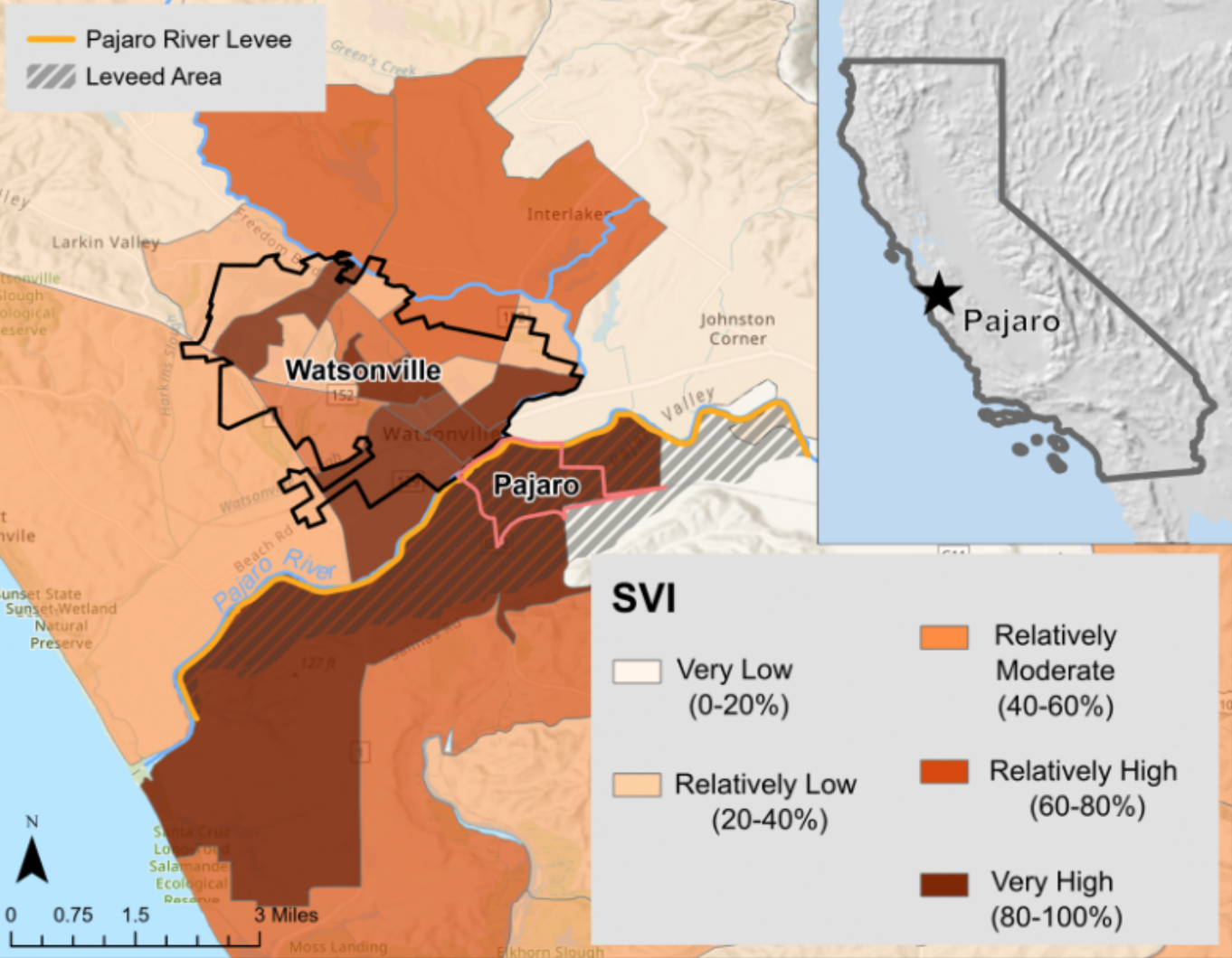 Location and Social Vulnerability Index for Pajaro and surroundings (FEMA, 2023b)