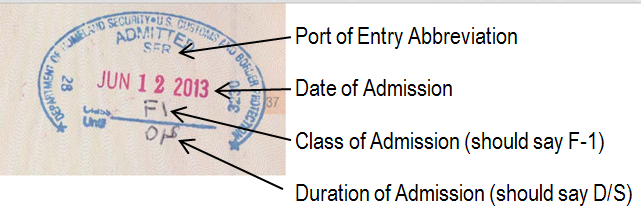 Admission stamp with labeled parts: port of first admittance, date of admittance, and length of stay information.