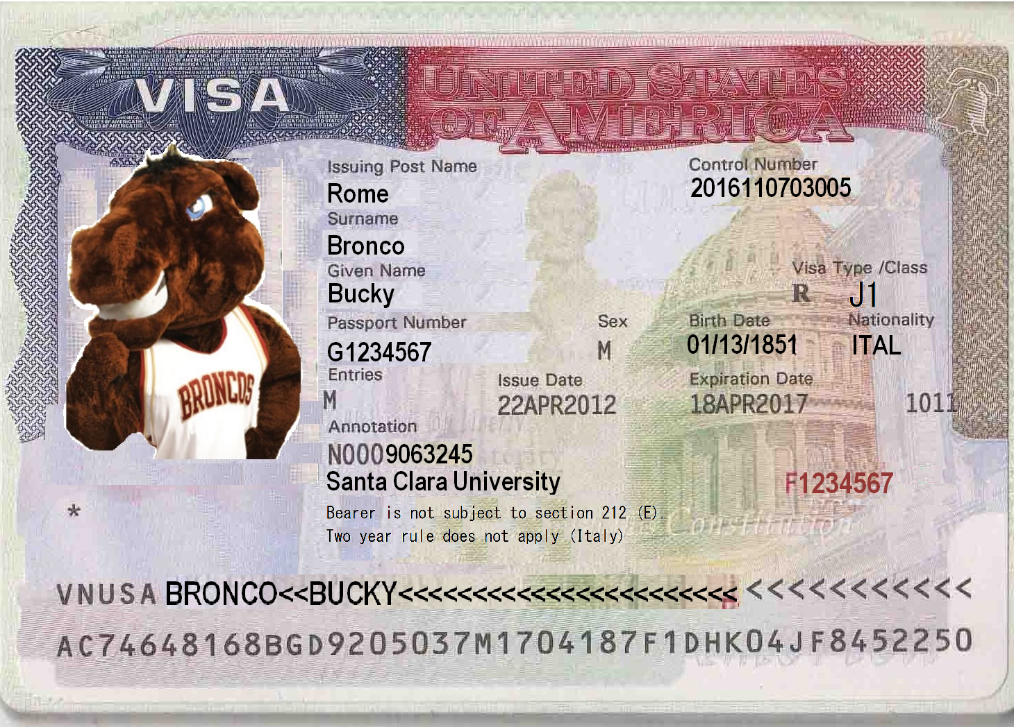 J1 Visa with a character named Bucky Bronco on it