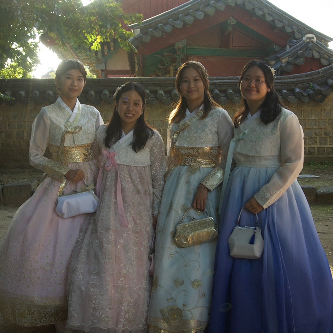 Decorative; group of students posing in traditional Korean formal wear