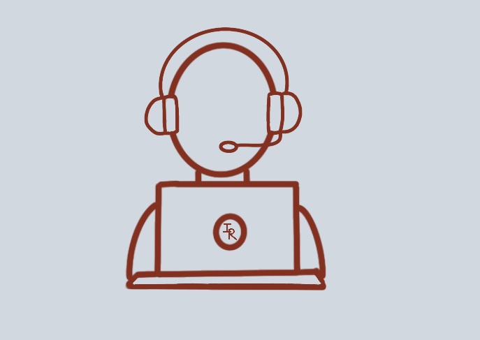 Line drawing of web support person wearing headset using laptop.