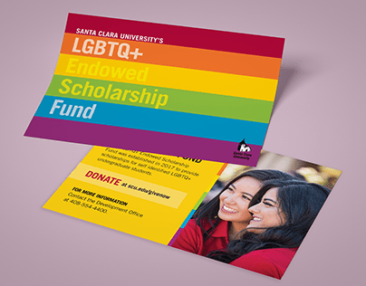 LGBTQ+ Endowed Scholarship Fund information cards with rainbow design and photo of two people.