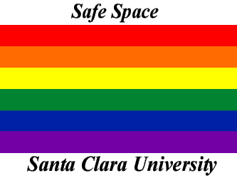 Safe Space text above rainbow-striped flag with For All Lesbian, Gay, Bisexual, and Transgender People text.