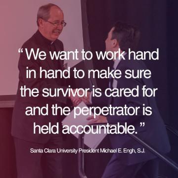 He wants to work hand in hand to make sure the survivor is cared for and the perpetrator is held accountable. Screenshot of people at an event.