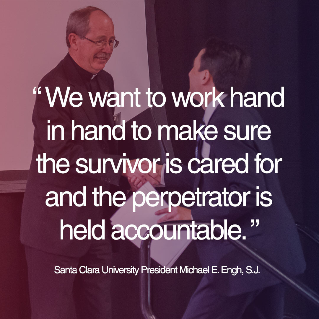 He wants to work hand in hand to make sure the survivor is cared for and the perpetrator is held accountable. Screenshot of people at an event.