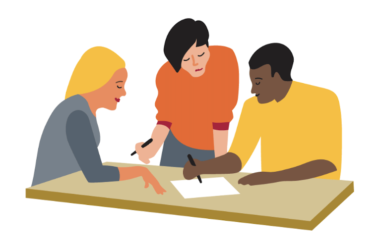 Illustration of three people working on a project together