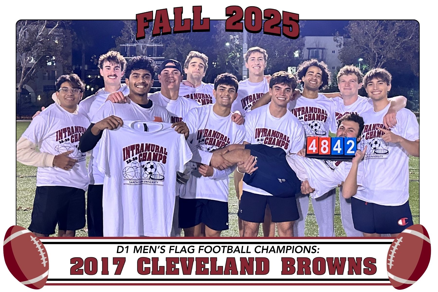 Photo of D1 Flag Football Champs,2017 Cleveland Browns, posing with their intramural champion shirts on Bellomy Field.