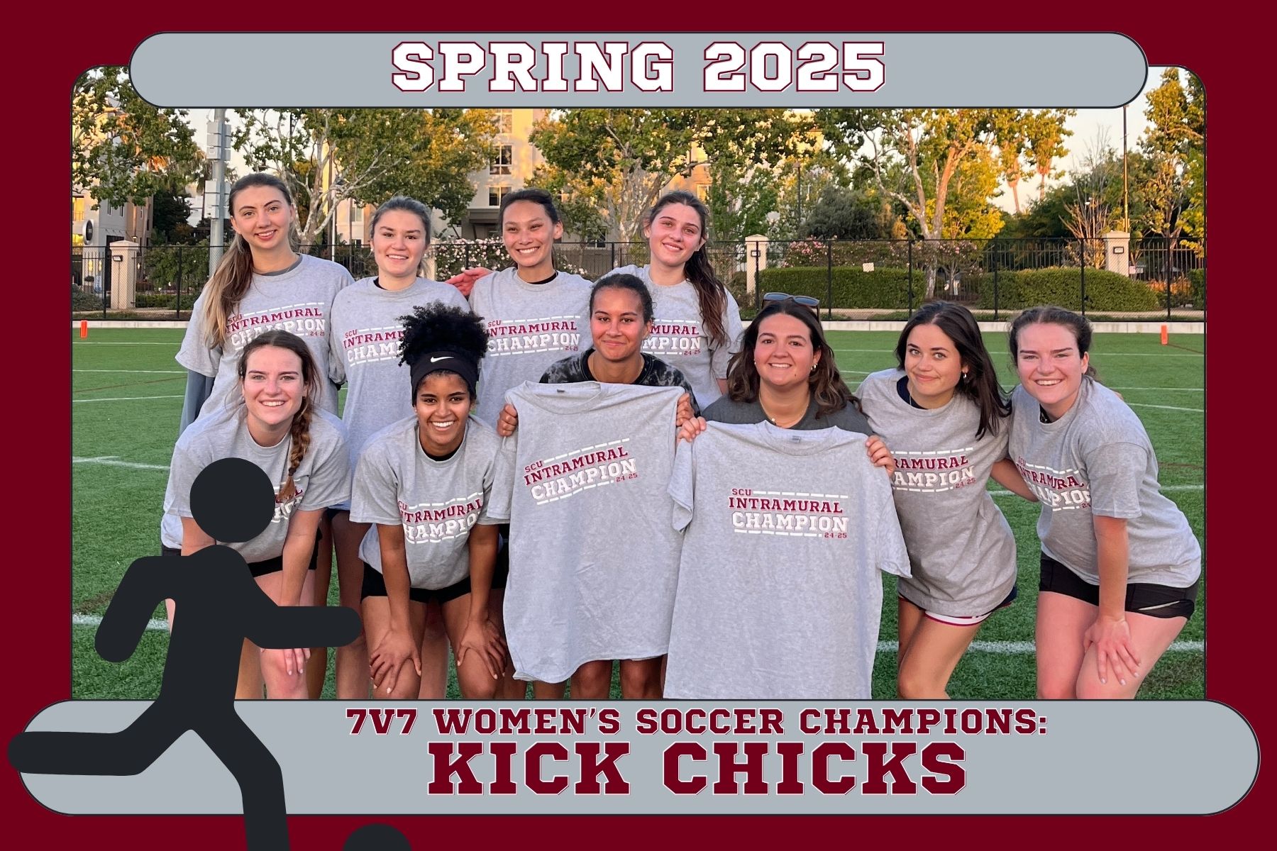Photo of Women's Soccer champions, Kick Chicks, posing on Bellomy Field with their champion shirts.