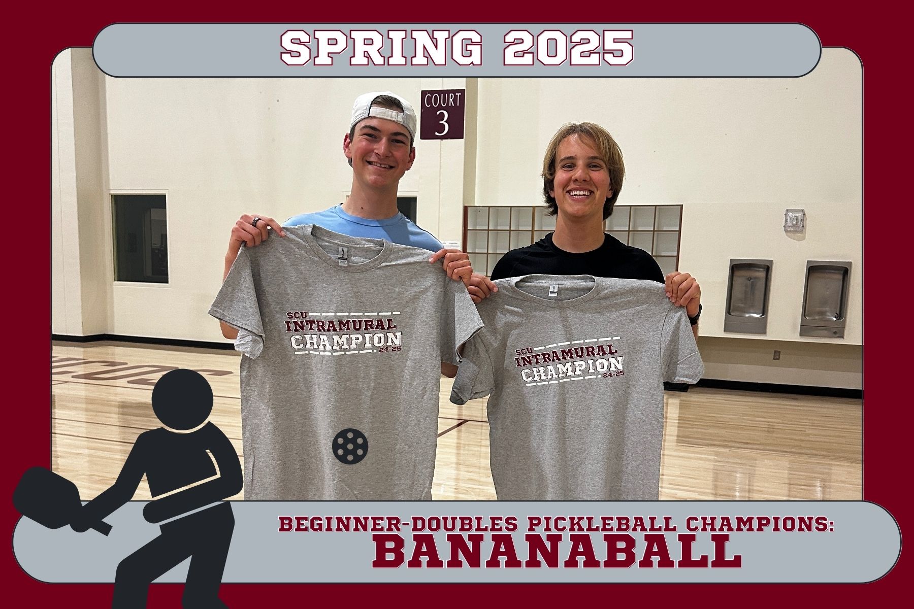 Photo of Beginner Doubles Pickleball champions, Bananaball, posing in the Malley Center courts with their championship shirts.