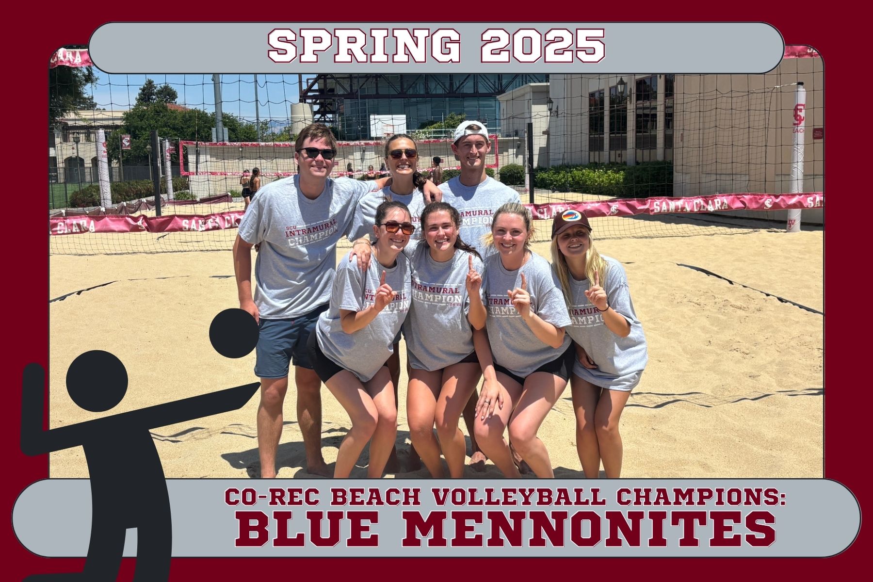 Photo of beach volleyball champions, Blue Mennonites, posing on the beach courts in their championship shirts.