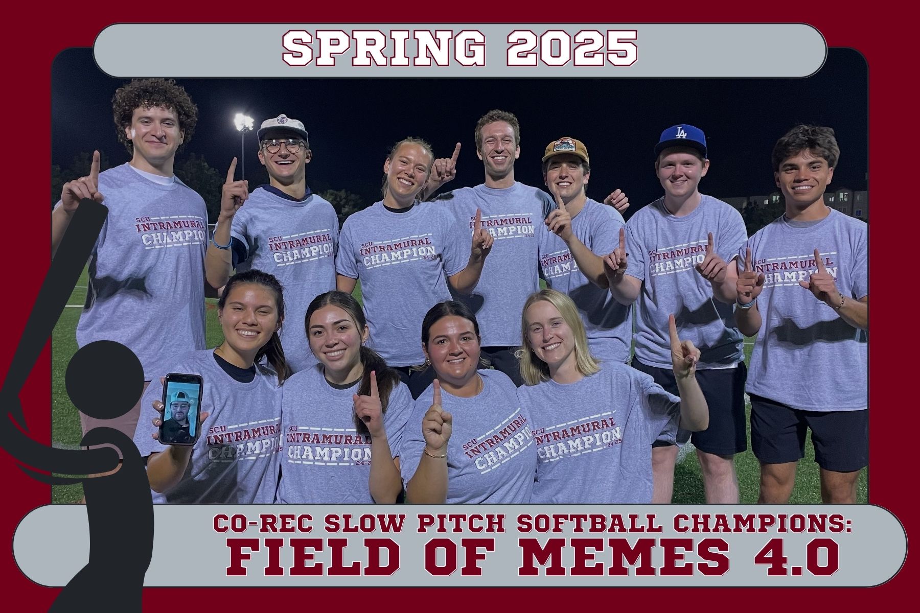 Photo of Co-Rec softball champions, Field of Memes 4.0, posing on Bellomy Field in their championship shirts.