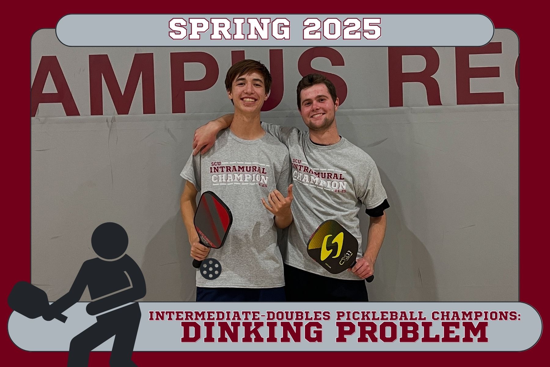 Photo of Intermediate Doubles Pickleball champions, Dinking Problem, posing in the Malley Center courts with their championship shirts.