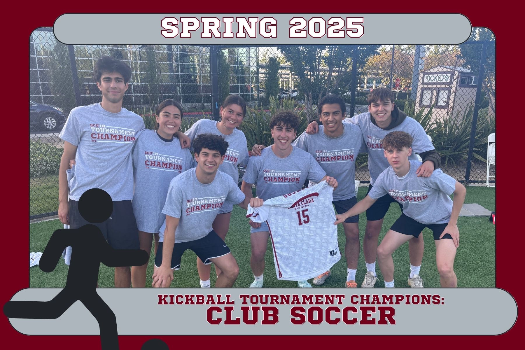 Photo of kickball tournament champions, Club Soccer, posing on Bellomy Field with their championship shirts.