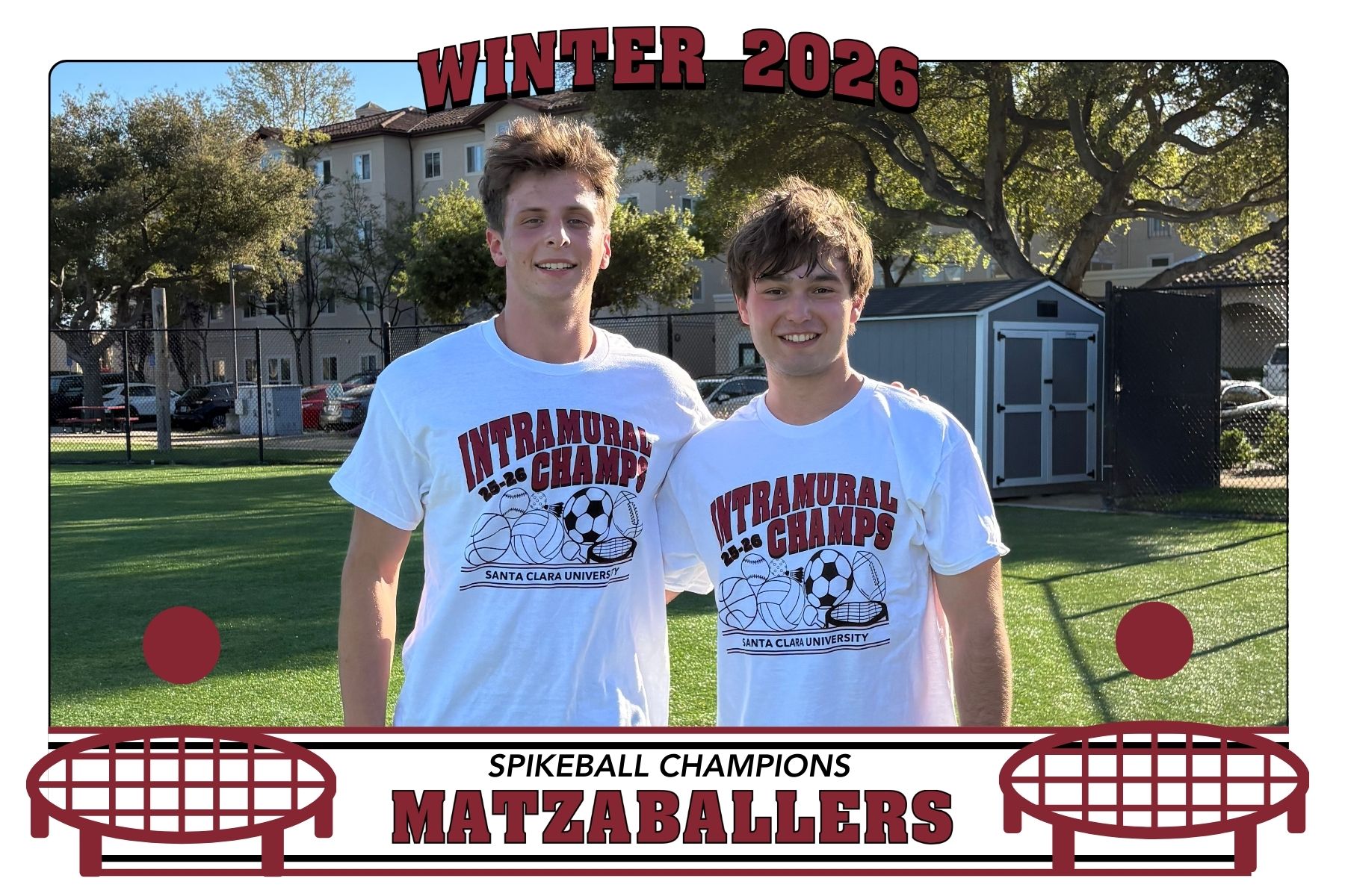 Photo of IM Spikeball champs, Matzaballers, posing on Bellomy Field with their championship t-shirts.