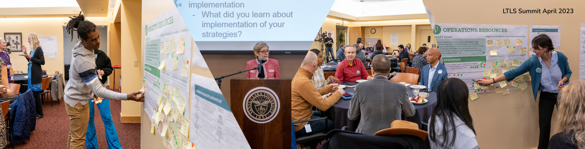 Collage of images from the April 2023 LTLS Summit, featuring people sitting at tables talking, people brainstorming with sticky notes on posters, and a President Sullivan speaking to the summit.