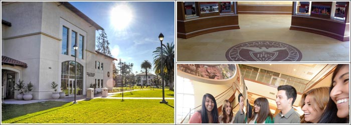 Exterior of a building and two interior views of office spaces with people.