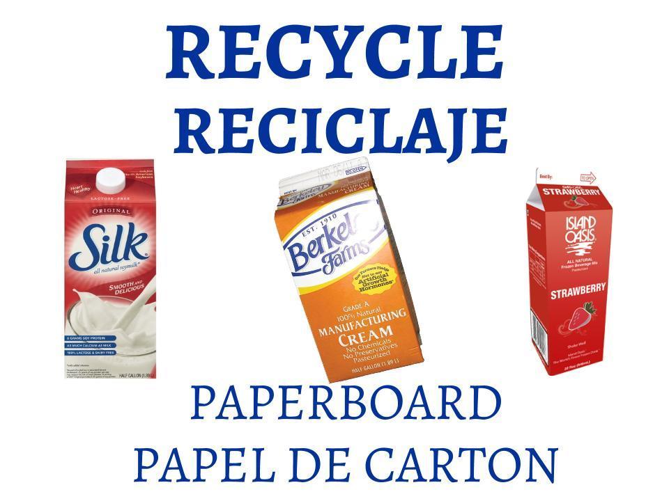 Recycle Paperboard text, with images of various paperboard containers. RECYCLE and PAPEL DE CARTON.