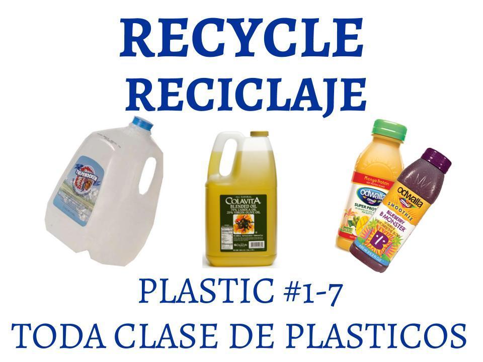 Recycle plastic sign with images of a jug, bottle, and containers.