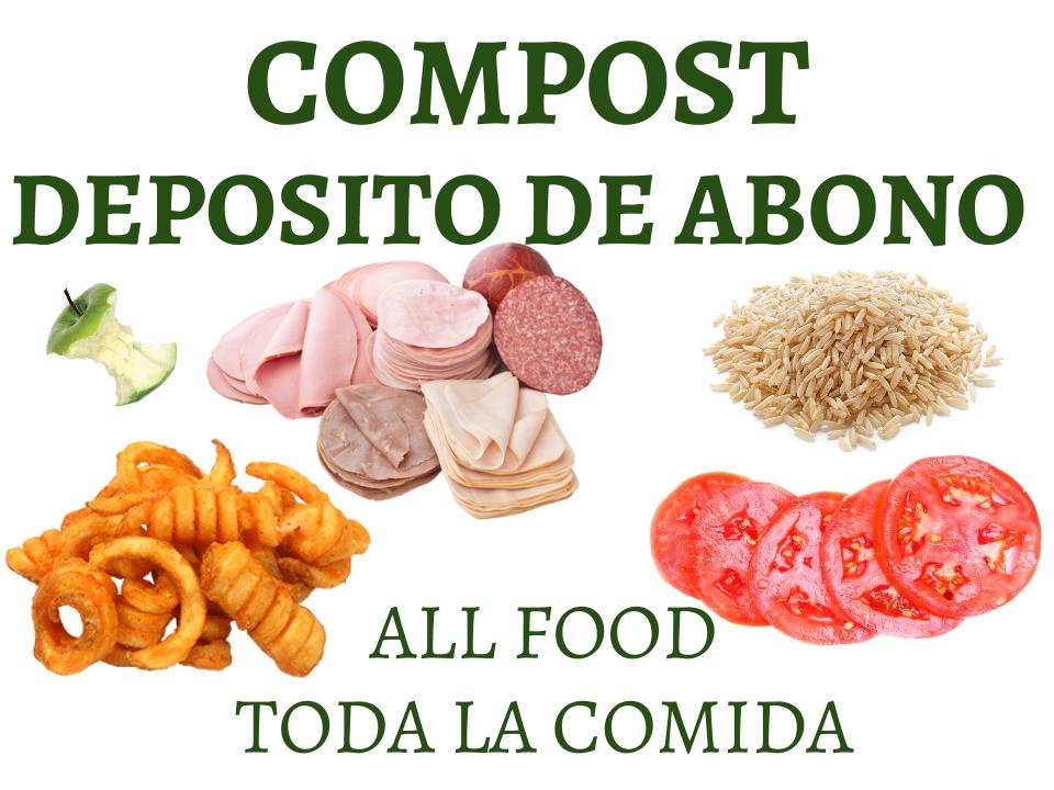 Text on the image: COMPOST, DEPOSITO DE ABONO, ALL FOOD, TODA LA COMIDA with food scraps.