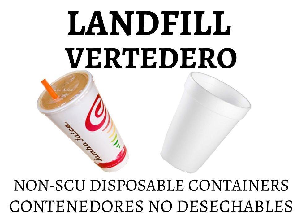 LANDFILL VERTEDERO NON-SCU DISPOSABLE CONTAINERS CONTENEDORES NO DESECHABLES with images of disposables.