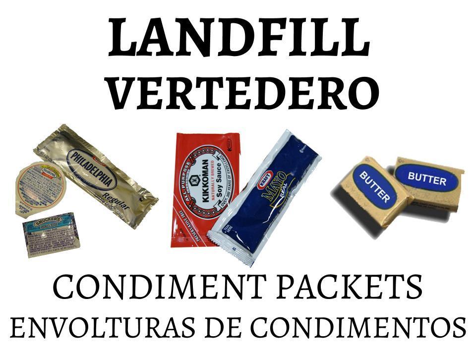 Landfill vertedero condiment packets envolturas de condimentos.