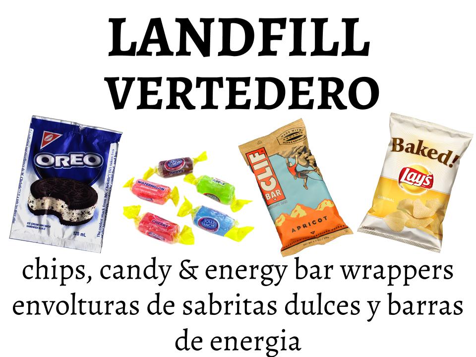 Landfill: chip, candy, energy bar wrappers / Vertedero: envoltorios de sabritas, dulces y barras de energía.