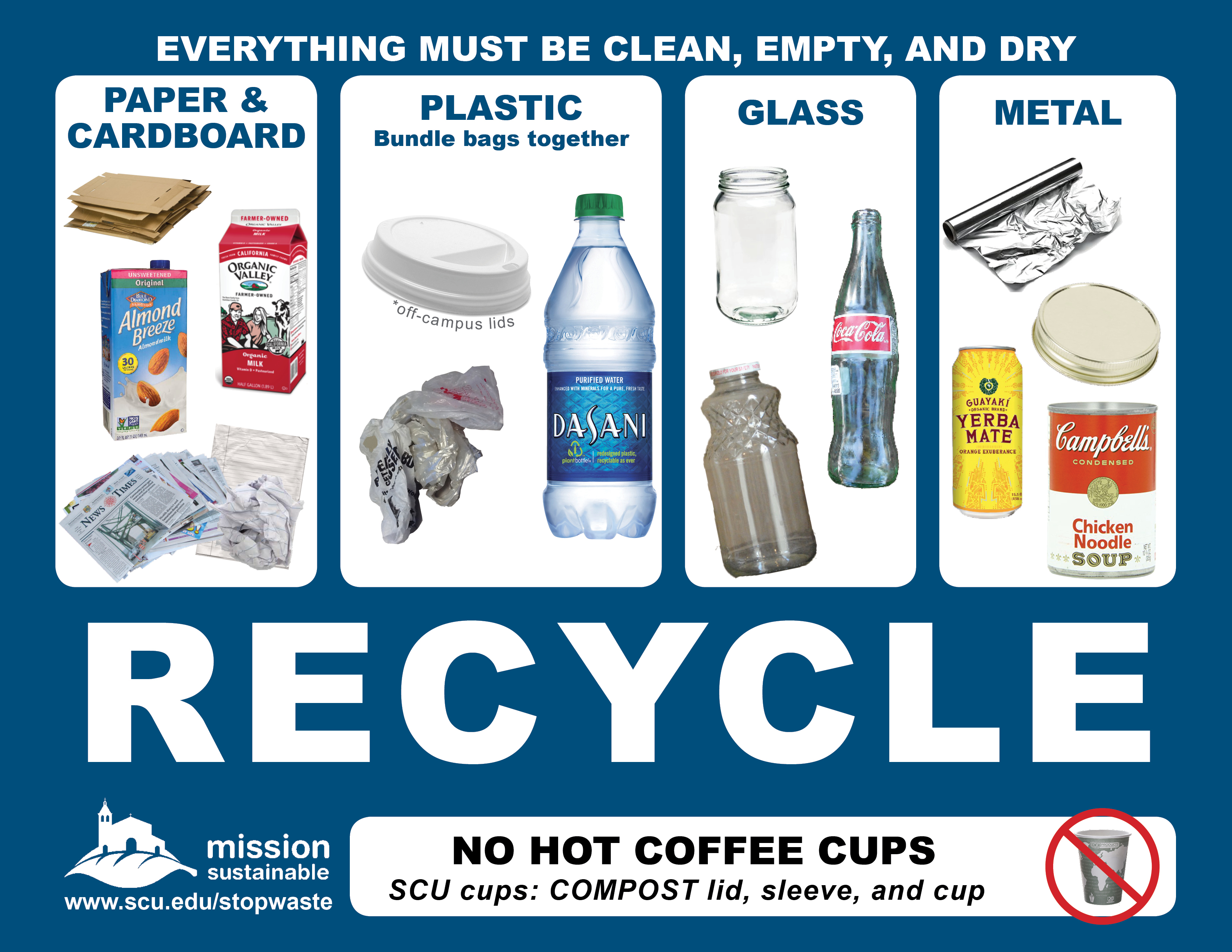 Pictures of items that can be recycled, including glass, plastic bottles, and paper.