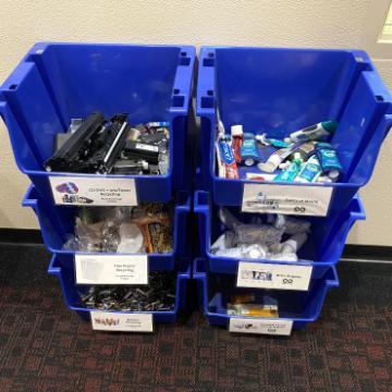 Six stacked Blue Bins to collect waste for TerraCycle recycling