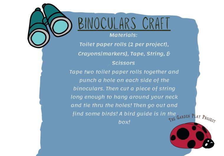 Binoculars written under two turquoise drawing of binoculars on left, red pair on right.