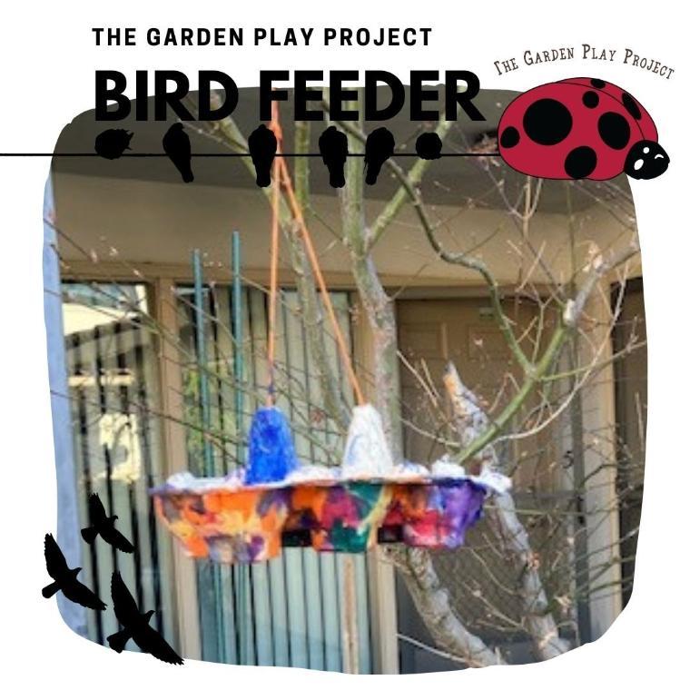 Bird feeder with colorful hanging items and text THE BARNYARD BUDGETS BIRD FEEDER.