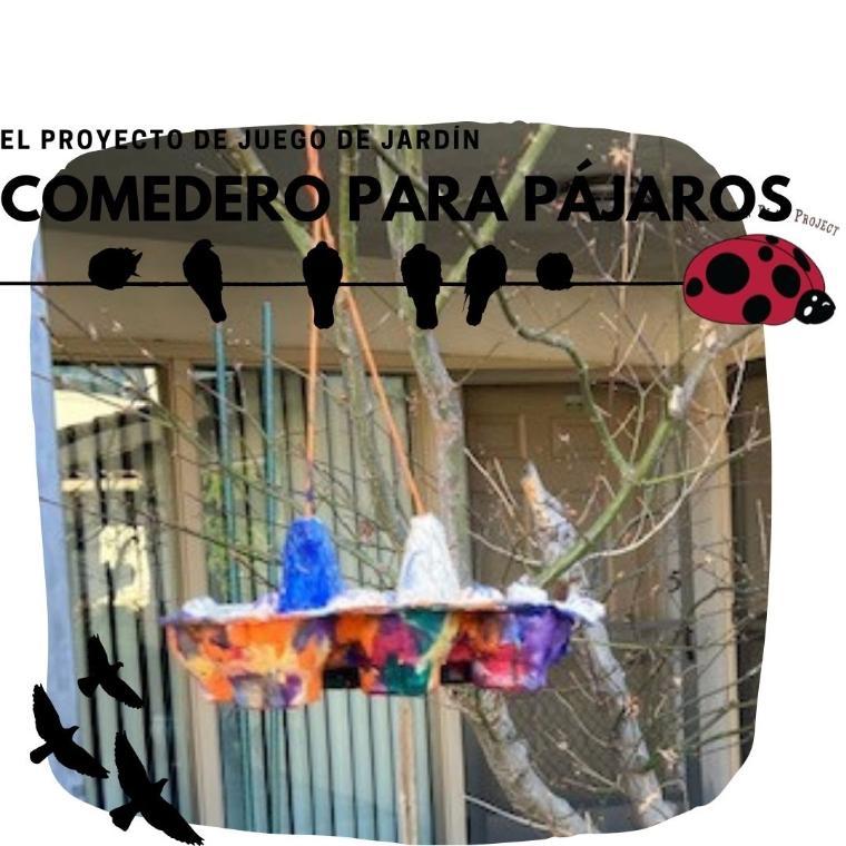 Bird feeder with multiple colorful containers labeled Comedero Para Pájaros.