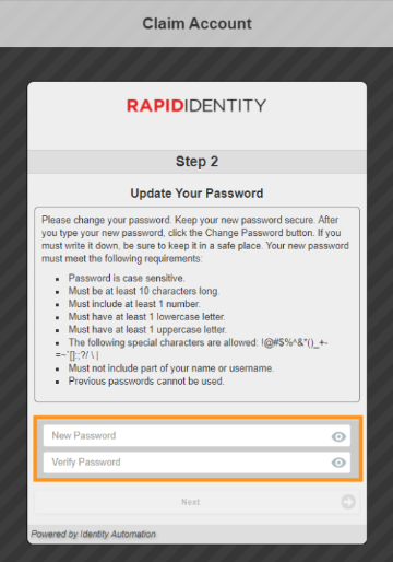 Account Claim - Step 2 dialog box