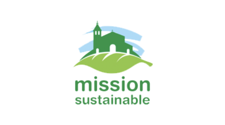 A green silhouette of Santa Clara's mission church on a light green leaf with the words mission sustainable written below