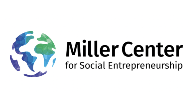 A green, teal, indigo, and purple colored globe with the words Miller Center for Social Entrepreneurship written to the right