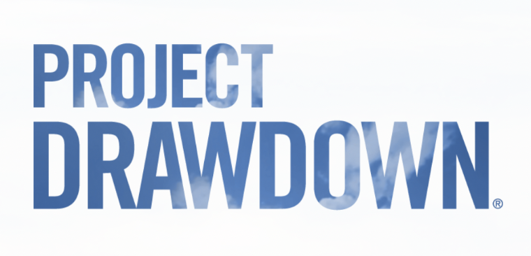 Block letters spelling Project Drawdown, filled in with blue sky and clouds