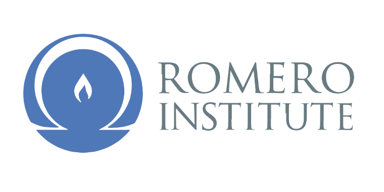 A white candle flame in a blue circle with the words Romero Institute written to the right