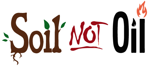 The word Soil written in brown with roots and leaves growing from it, Not written in red handwriting, and Oil written in black with flames coming out of it