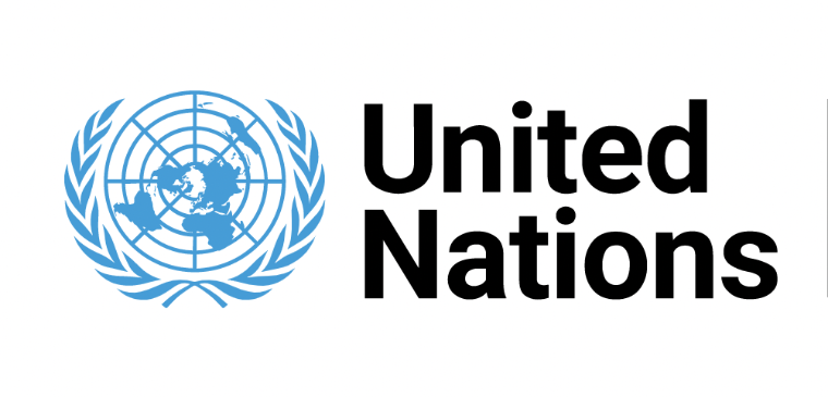 The words United Nations written to the right of a blue globe with laurel branches surrounding it