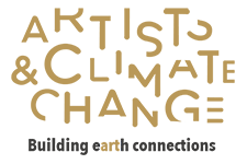 Gold scattered letters spell out Artists and Climate Change, with the tagline building earth connections below