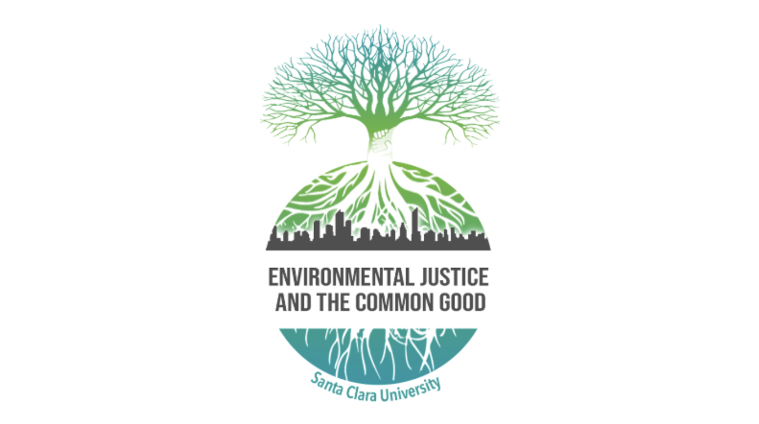 A circle with the words Environmental Justice and the Common Good written in the center, tree roots on the lower half, a city skyline on the upper half, and a tree silhouette growing out of the top of the circle.