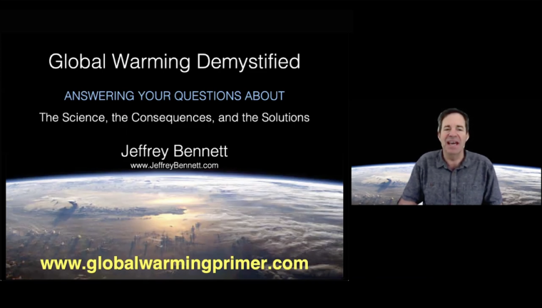 A slide displaying the title Global Warming Demystified with a man presenting on the right