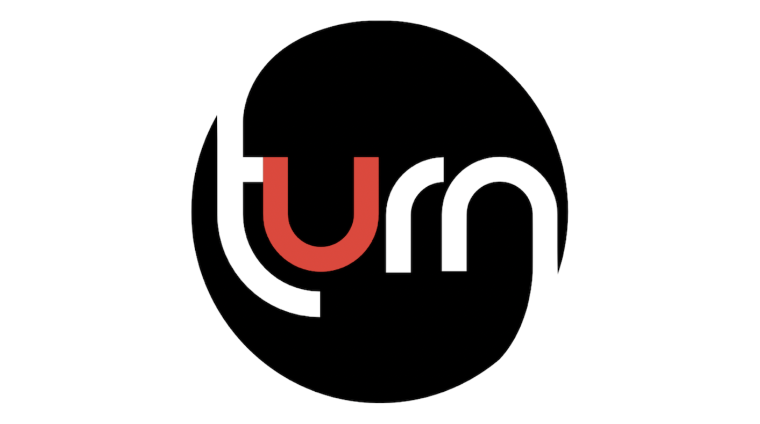 The word turn written in white with a red u in a black circle