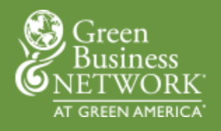 An abstract sketch of a person holding the Earth on a green background with the words Green Business Network at Green America written to the right