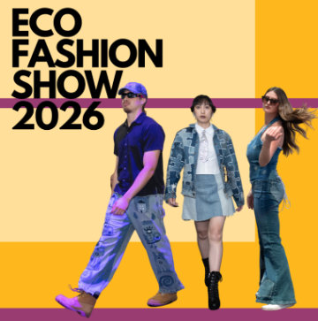 ecofashion show 2026 flier with three thrifted/reclaimed materials outfits drawn