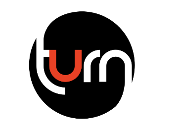 Turn logo with black circle and white and red text.