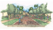 Watercolor painting of a tree-lined pathway with a house in the background.